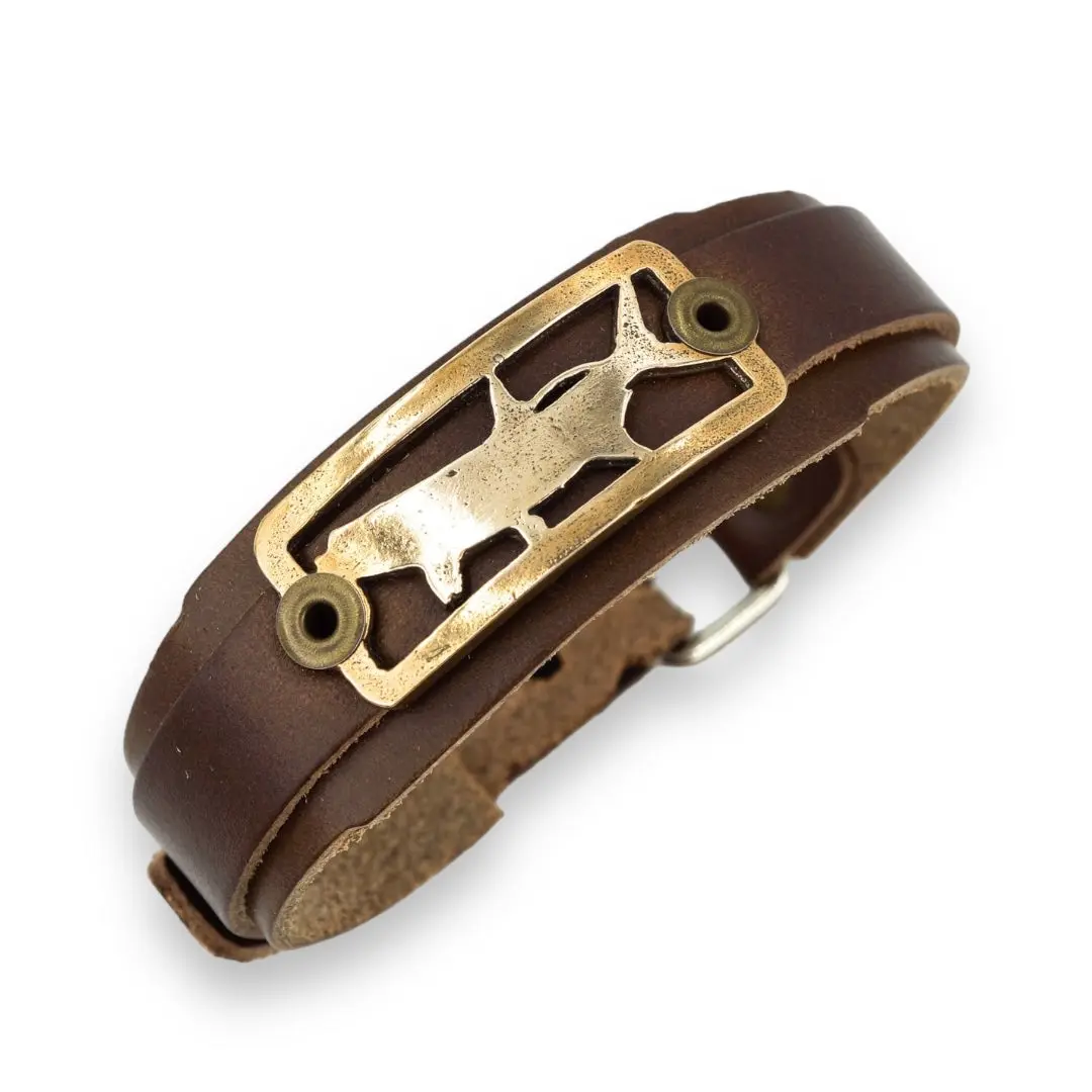 Tarpon Fishing Bracelet, Bronze Badge on Tapered Brown Leather Cuff, Adjustable Saltwater Bracelet