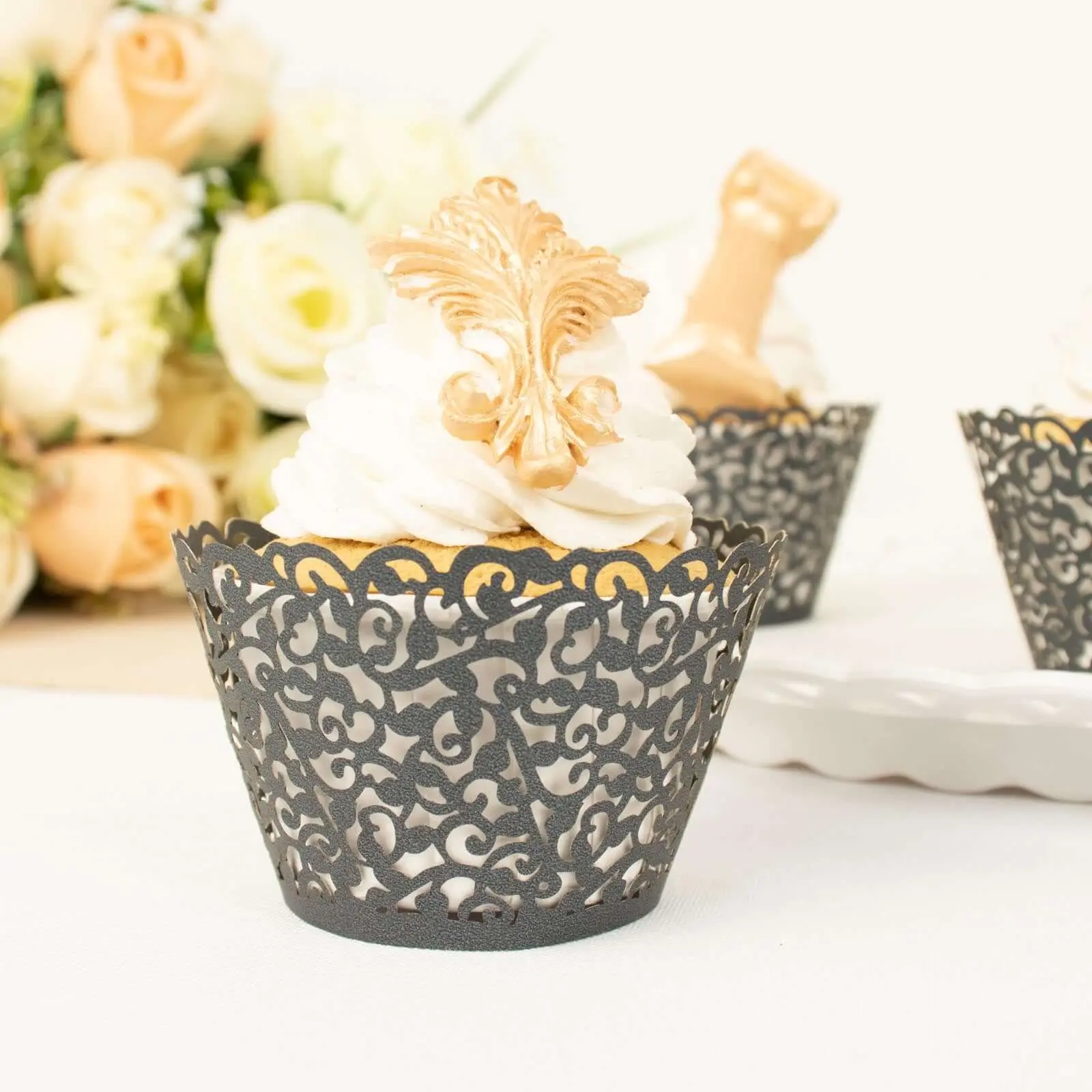 25-Pack Single-Use Black Lace Laser Cut Paper Cupcake Wrappers - Bakeware Utensils with Black Lace Detail for Baking Lovers, Baby Shower, Engagement Events, Postbake Decorate, Muffin Tray-Fitting