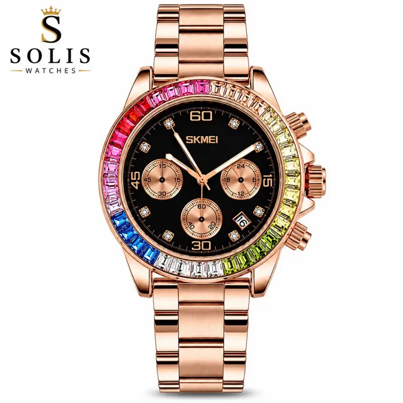 SKMEI Men’s Rose Gold Chronograph Watch - Rainbow Bezel Watch for Daily Wear, Stylish Analog Wristwatch for Men