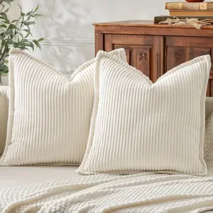 Corduroy Spring Throw Pillow Covers 18x18 Set of 2, Neutral Decorative Soft Boho Couch Pillow Covers with Broadside for Sofa Living Room, Cream White