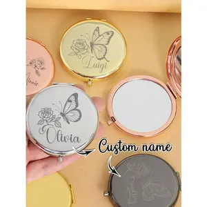 Personalized Custom Name Floral Butterfly Pattern Small Pocket Makeup Mirror, Brides Maid Gifts, Personalized Items, Portable, Foldable And Reversible Makeup Mirror, Girl Touch-Up Mirror