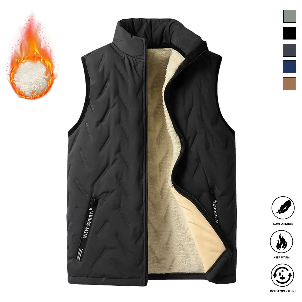 Men’s autumn/winter warm vest jacket with fleece lining, stand collar, zippered pockets, suitable for outdoor activities, keeps core body warm, non-stretch fabric, regular fit.