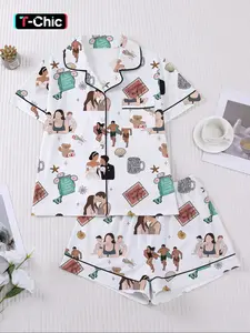 【Valentine's Day】Women's Valentine's Day Sleepwear Set, Romantic Love Pattern Pajamas, Pjs, Comfortable Short Sleeve Top & Elastic Shorts, Casual Home Wear, Loungewear