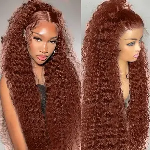 Bling Hair Reddish Brown Lace Front Wigs Human Hair 30 Inch Reddish Brown Curly Lace Front Wig 180 Density 33# Deep Wave 13x6 HD Lace Frontal Wigs Human Hair PrePlucked for Women burgundy Colored Human Hair wig