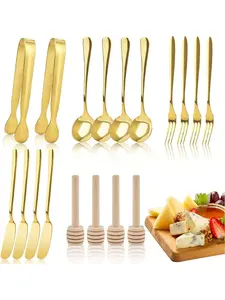 Gold Cutlery Set,18 Pieces Charcuterie Board Accessories Stainless Steel Cheese Butter Spreader Knives Set Include Mini Serving Tongs, Knives, Spoons, Forks, Honey Dippers for Party Wedding