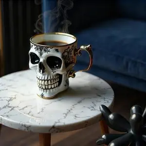 Gothic Skeleton Coffee Mug Gold-Rimmed Resin Skeleton Tea Cup Halloween Decorative Cup Collector’s Ornament for Coffee Enthusiasts Dark Gothic Skull Mug with Retro Pattern and Comfortable Grip