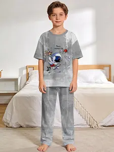 Boys' Digital Printed Short-Sleeve Pajamas with Extended Pants - Little Astronaut's Space Adventure 2-Piece Set, Stylish, Trendy, Casual, Comfortable and Soft Sleepwear Set, Suitable for Boys' Sleeping and Home Relaxation, Perfect Gift for Boys