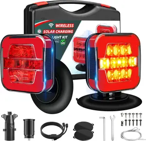TANVSO Solar Wireless Trailer Lights Kit, Magnetic LED Tow Lights with Brake Turn Tail Light Modes, 100FT Remote Signal, USB-C Rechargeable, IP67 Waterproof with Safety Rope for Boat Truck RV red
