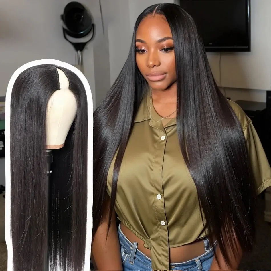 30Inch V Part Wigs Synthetic Long Straight Wigs For Women Straight Glueless Wig Upgrade U Part Wigs No Sew in NO Glue Half Wigs 200% Density Natural Black Color