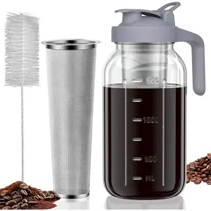 Cold Brew Coffee Maker Jar - 64oz Wide Mouth,LeakProof,Heavy Duty Glass Mason Pitcher with Spout Lid,Handle & Stainless Steel Filter for Iced Coffee,Lemonade,Ice  & Fruit Drinks