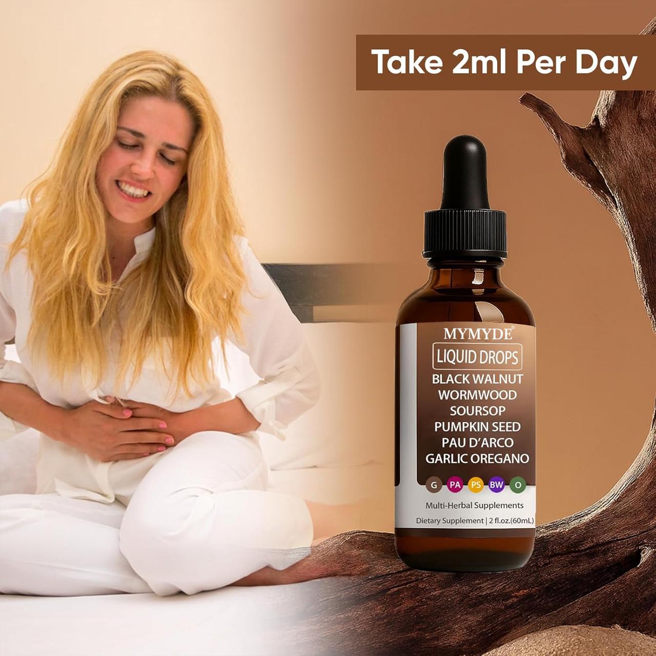 MYMYDE Walnut Wormwood Gut Cleanse, Wormwood Black Walnut Clove Drops with Garlic Oregano, Soursop, Pau D'arco, Pumpkin Seed Extracts, Support Gut & Digestion Balance, Improve Energy