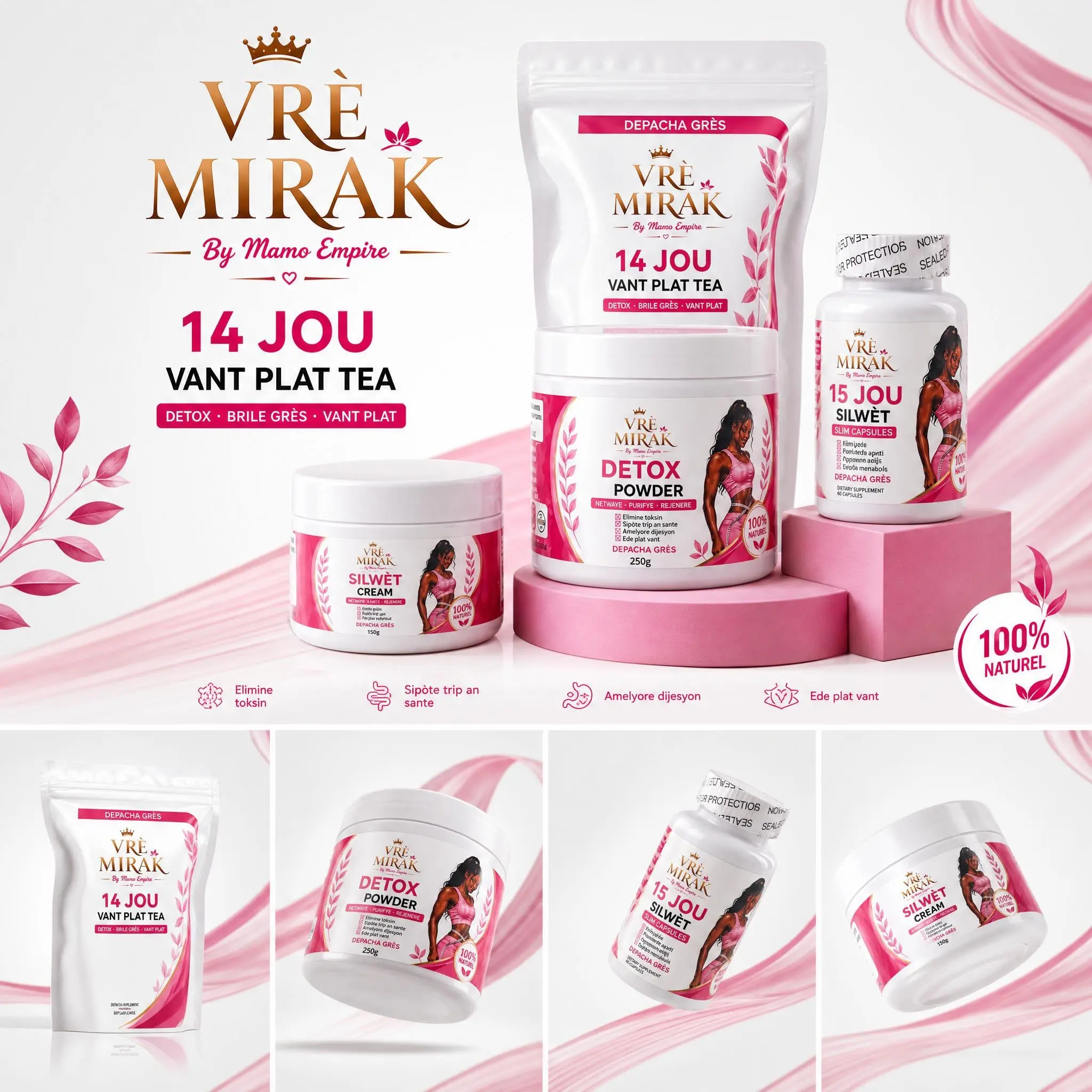 Mamo Empire Vre Mirak Dietary Detox Powder Mix - 4-Piece Set, 14 Jou Vant Plat, 250g Healthcare Vitamin