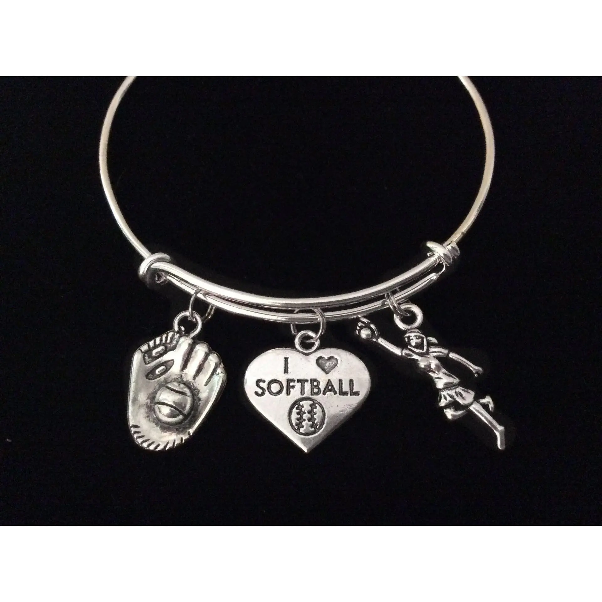 I Love Softball Expandable Charm Bracelet Silver Adjustable Bangle Sports Team Gift Softball Catcher Player
