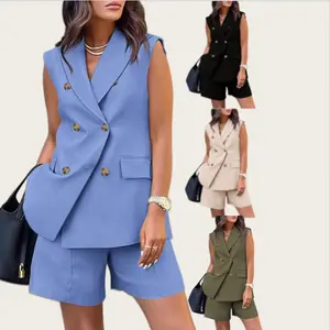 New Temperament Double Breasted Suit Fashionable Suit for Women, Graduation Gift, Wedding Guest Costume, Essential for Work In Spring, Summer and Autumn, Sleeveless V-neck Top and Pants Two-piece Set
