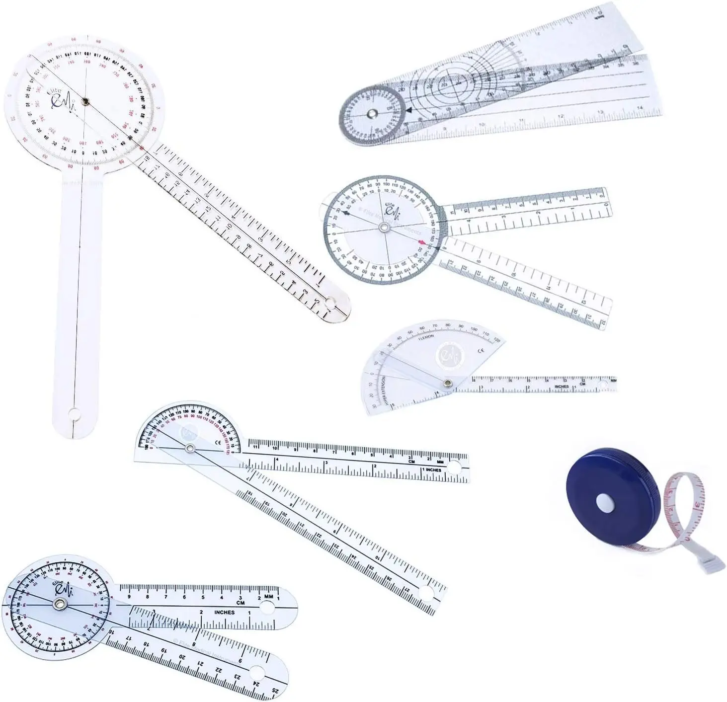 EGM-431 Office Measuring Supplies 7-Count Set - 8" Spinal Goniometer, 12" Goniometer, Finger Tool, Tape Measure - Accuracy and Durability for Physical Therapy
