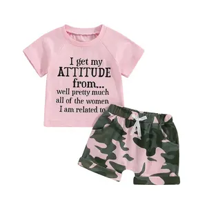 Baby Girl Summer Clothes Short Sleeve Letter Print Tops with Camouflage Pattern Shorts 2 Pcs Outfit