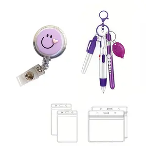 Cute Round Smiley Badge with Retractable Crocodile Clip, Nurse Badge Reel, Includes Vibrant Markers and Pens Set, Perfect Gift for Nurses Doctors Teachers Office Workers
