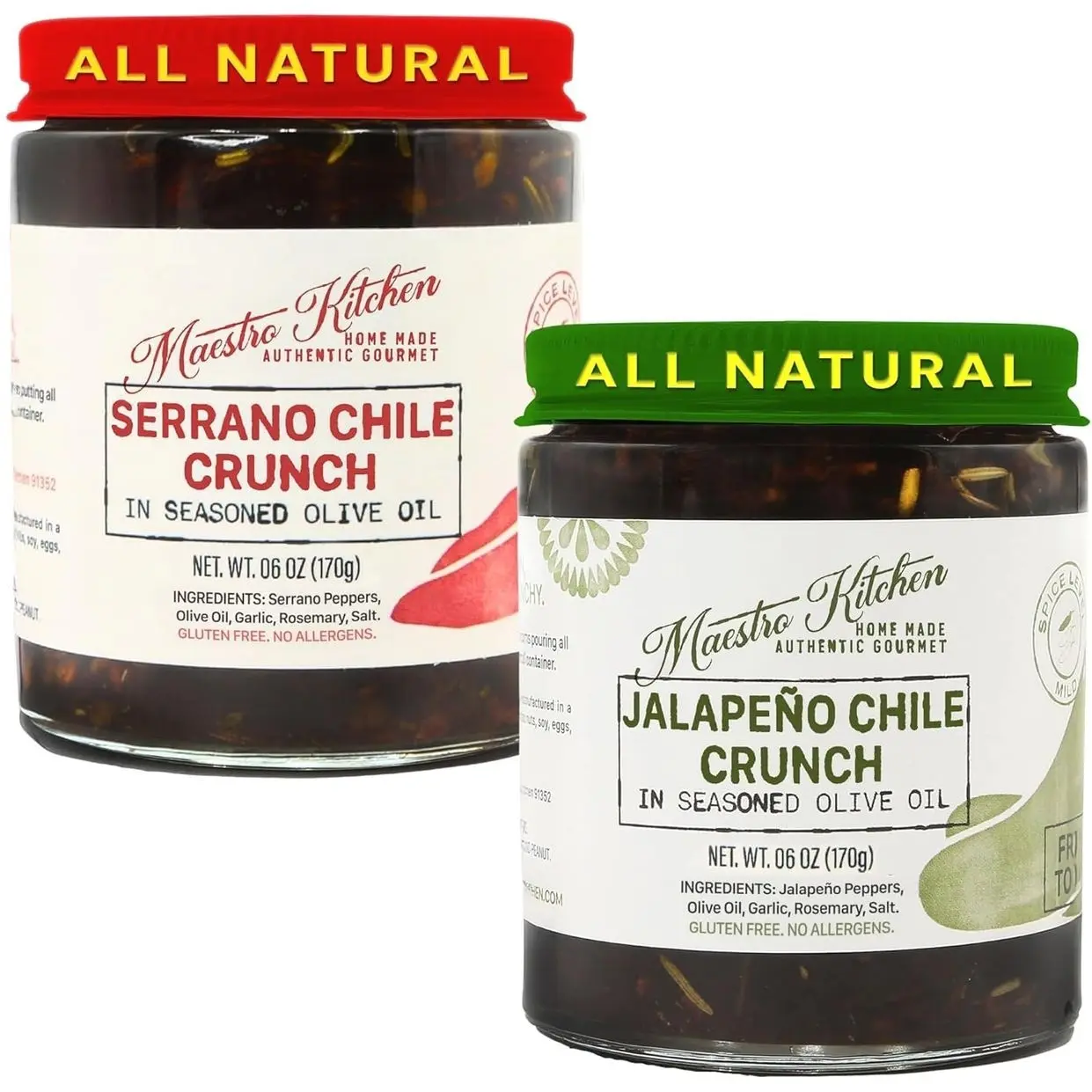 Spicy Serrano & Mild Jalapeno Pepper Chili Crisp Crunch - 6oz Variety 2 Pack - All Natural Chili Oil Hot Sauce 100% Olive Oil, Garlic & Rosemary - Crunchy Mexican Seasoning – Gluten Free Vegan
