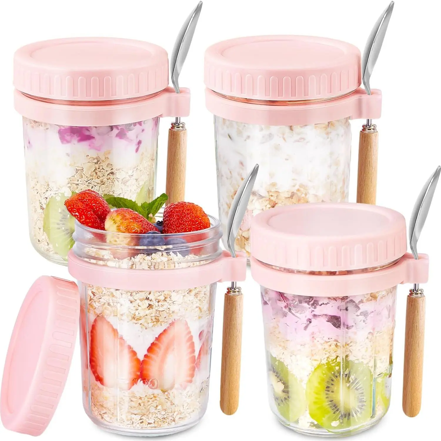 Glass Overnight Oats Containers with Lids and Spoon, 16oz  Mason Jars for Overnight Oats, Cereal, Yogurt, Salad Lunch Container with Measurement Marks - Pink 4 Pack