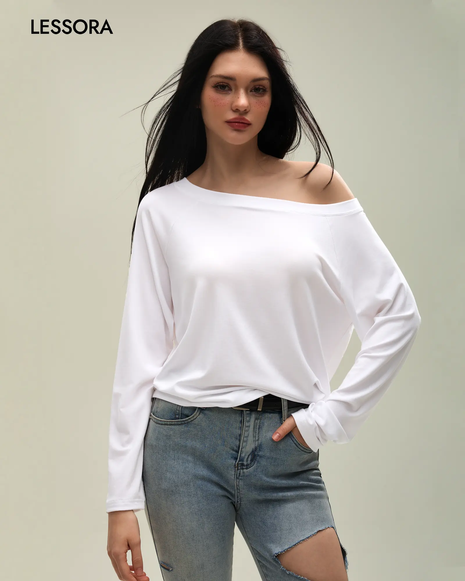 LESSORA Women's Off Shoulder Oversized Long Sleeve Top, Loose Fit Casual Pullover Shirt, Everyday Basic Women's Tee