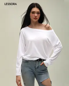 LESSORA Women's Off Shoulder Oversized Long Sleeve Top Plus Size Casual Tee