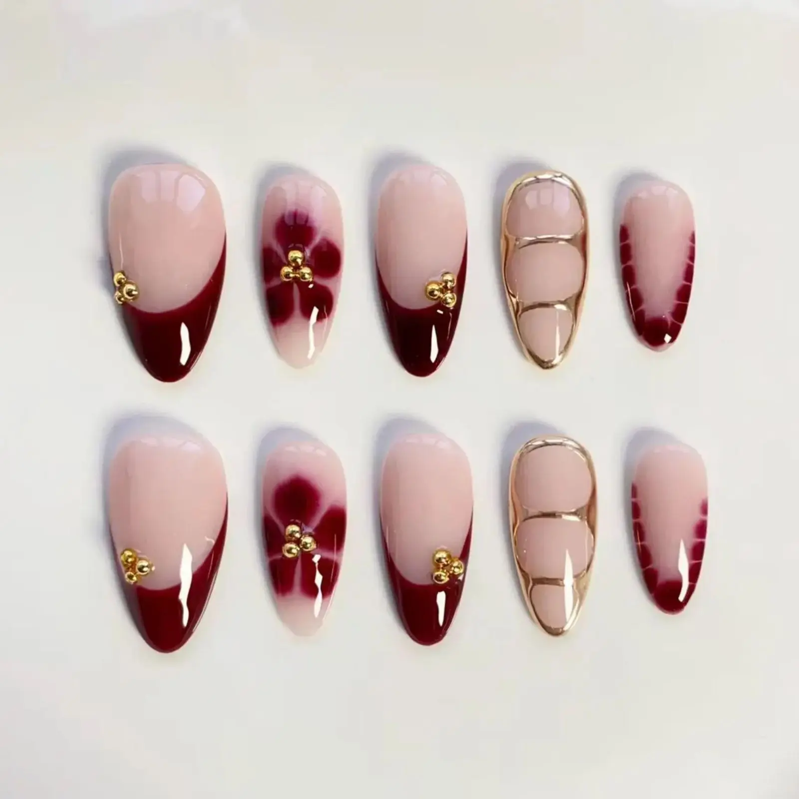 Elegant Burgundy Blooming Flower Nails, Sweet Flower Gold chrome Press on Nails