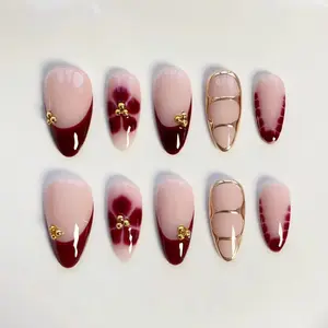 Elegant Burgundy Blooming Flower Nails, Sweet Flower Gold chrome Press on Nails
