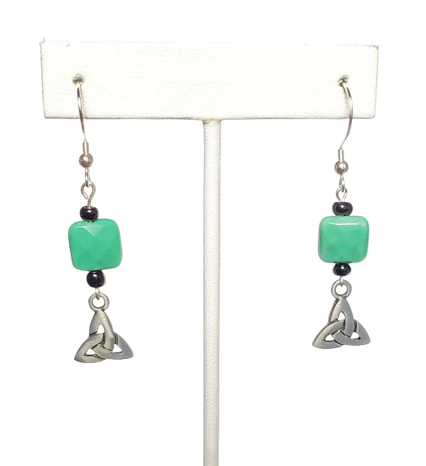 Green Variscite and Triquetra or Trinity Earrings with Sterling Silver Hooks