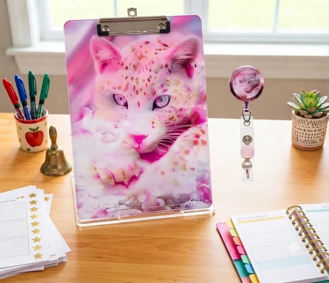 Pastel Pink Snow Leopard Acrylic Clipboard & Matching Badge Reel Set