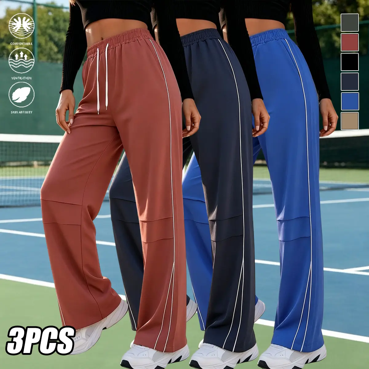 Women's Sporty Chic Wide-Leg Pants with Side Stripes, Lightweight Quick Dry Drawstring Trousers for Hiking & Yoga, Breathable Soft Stretch, Polyester, Athletic Wear