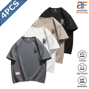 Men's 4 Pack Contrast Stitch Fake Pocket Short Sleeve T-Shirt Set, Crew Neck Casual Tees, Trendy Streetwear Summer Tops for Daily Wear Gym Workout and Casual Outings