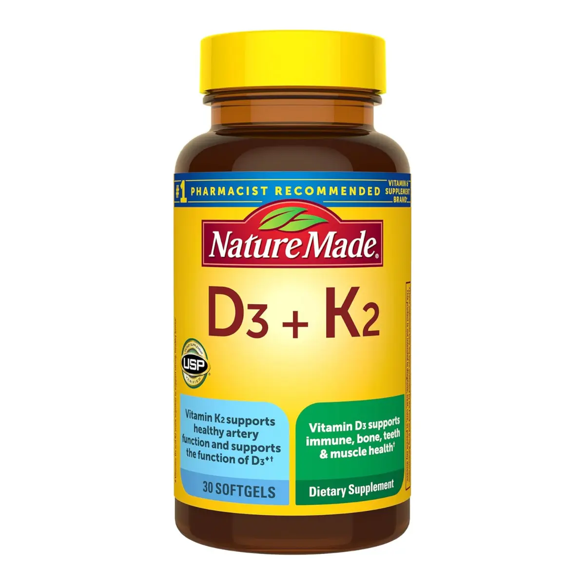 Nature Made Vitamin D3 K2 Supplement, 5000 IU (125 mcg) Vitamin D for Bone, Teeth, Muscle and Immune Support, 30 D3 and K2 Softgels, 30 Day Supply