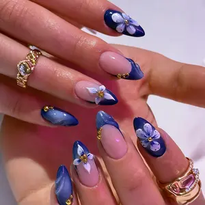 24pcs Klein Blue French 3D Flower Almond Nails, Medium Glossy Nail Art, Flower Design Nails, Perfect for Daily Wear, Parties, Weddings, Holidays, Business Events