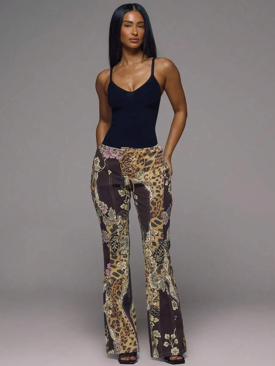 Women's PIONEER MUSERA Black Floral Leopard Printed Cotton Denim Jeans - Lace-Up Front, Panelled, Low-Rise, Skinny Fit, Draped Detail, Extra Long, Sohochic, Jeans For Women, Baroque Mix