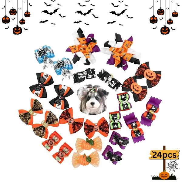 24PCS Dog Hair Bows with Rubber Bands – Small Puppy & Yorkie Grooming Accessories, Halloween Pet Bowknot Set, Cute Mixed Color Dog Bows for Small Dogs & Cats, Bulk Pet Hair Accessories