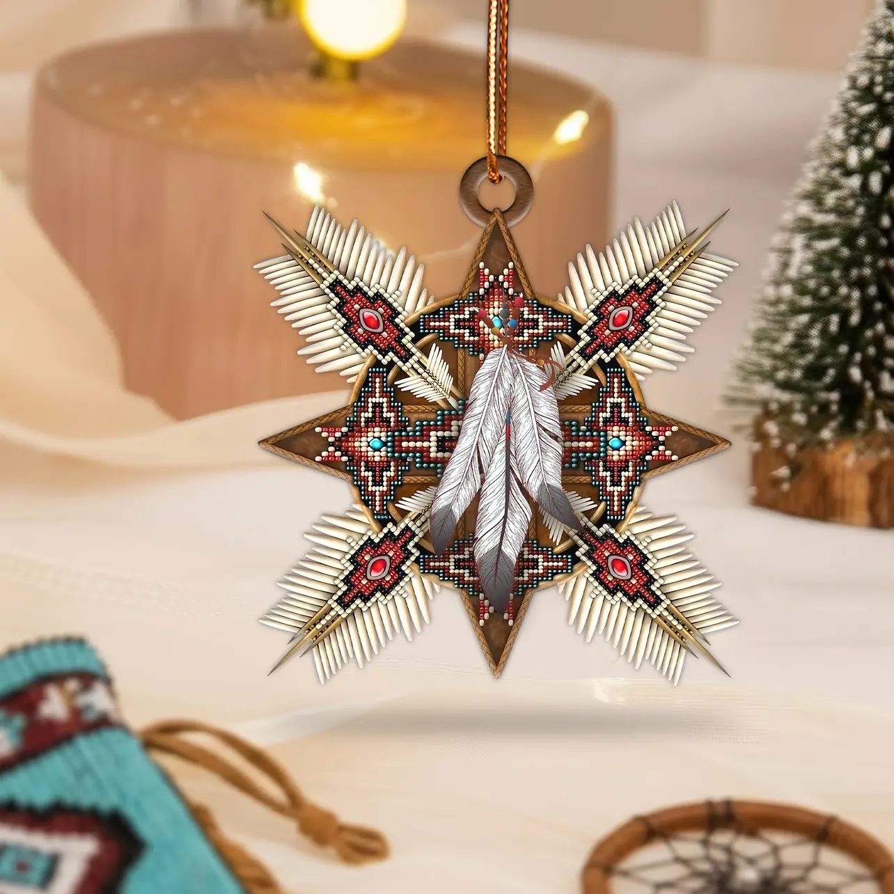 Native Beaded Star Ornament with Feathers Unique Christmas Gift Decor Flat Acrylic