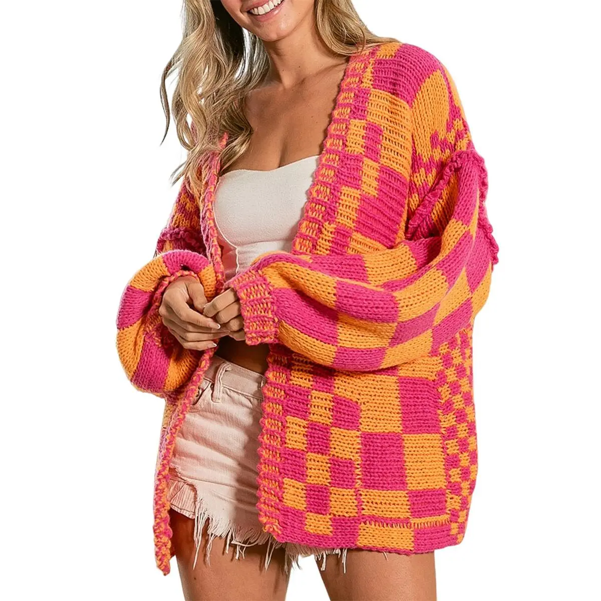 Asvivid 2026 Fall Women's Oversized Long-Sleeve Open-Front Plaid Cable-Knit Cardigan, Holiday Wear Knitwear