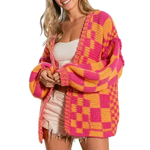Asvivid 2026 Fall Clothes For Women Oversized Long Open Front Cardigan Mixed Checkered Pattern Cable Knit Cardigans Sweater Holiday