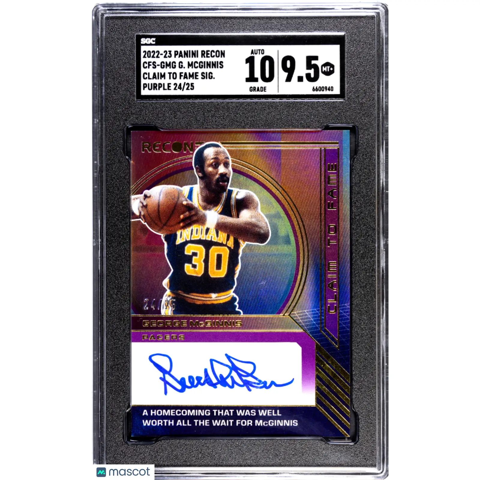 George Mcginnis SGC 2022 23 Panini Recon #CFS GMG Claim To Fame SIG. Purple 9.5