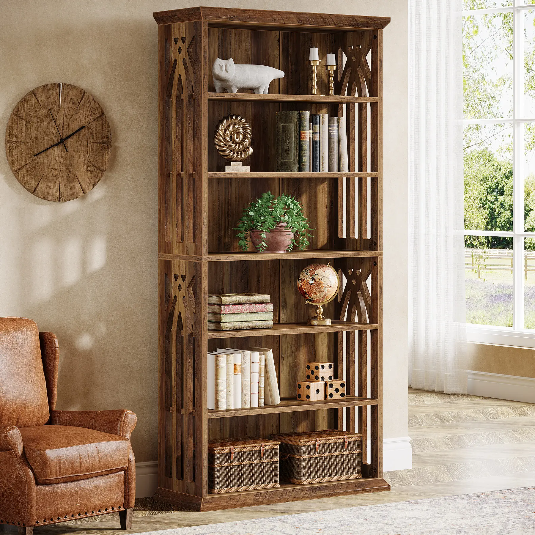 LITTLE TREE 6-Tier Bookshelf, 75-Inch Tall Bookcase, Large Bookshelves and Bookcases Freestanding Display Shelves, Wood Book Shelf for Living Room, Home Office, Bedroom