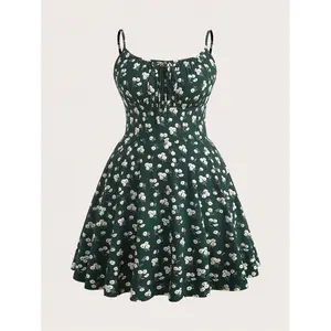 Plus Size Summer Sexy Dark Green Ditsy Floral Print Spaghetti Strap Cami Mini Dress Milkmaid Dress