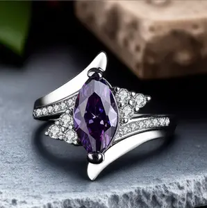B Romantic and Elegant Ring for Women Inlaid with Marquise Shaped Purple Cubic Zirconia Bride Eternal Engagement Promise Wedding Anniversary Ring Daily Accessory Valentine S Day Christmas Mother S Day Gift