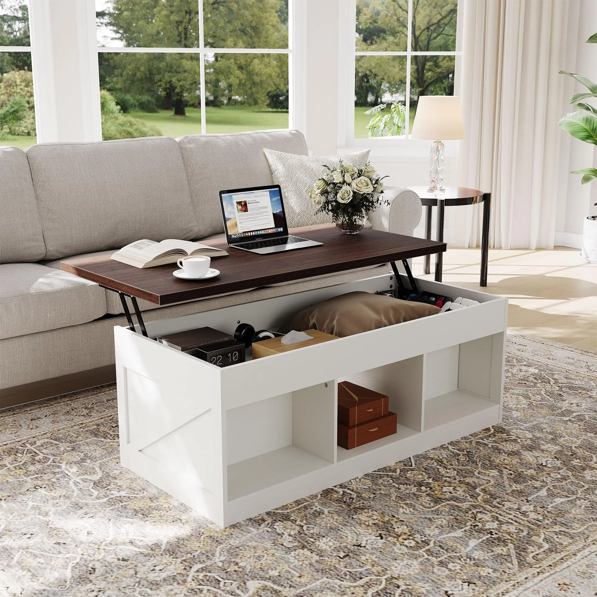 Garvee Lift Top Coffee Table with Storage - Premium Wood, Height-Adjustable Cocktail Table and Sofa Desk for Living Room and Office in Espresso Brown Finish