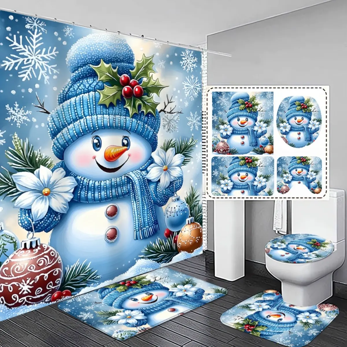 4pcs. Cozy And Comfortable Christmas Snowman Bathroom Set with Shower Curtain And Non-Slip And Toilet Lid Cover, Blue Holiday Design for Festive Bath Decor, Durable, Perfect Gift for Winter Season Exquisite And Practical Home Decoration Gift