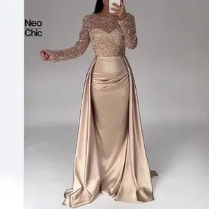 Dramatic 2025 Women's Banquet Long Sleeve Elegant Socialite Annual Meeting Host Queen Sequin Evening Dress with Crewneck and Basic Crewwork Design Formal