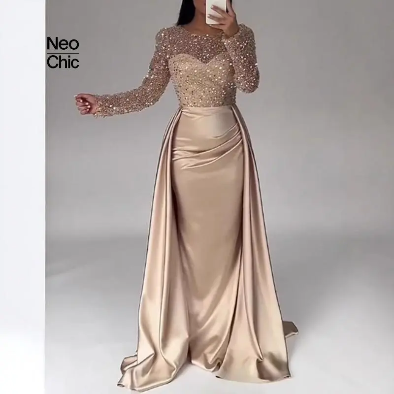 2025 Women's 1-Piece Metallic Satin Floor-Sweeping Sequin Evening Dress - Long Sleeve Crew Neck, Lacy, Stretch Fabric, Sequin Accents, Elegant Formal Wear for Banquet Annual Meeting Host