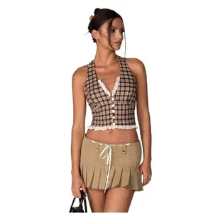 Women Plaid Halter Crop Top Lace Trim Button Front Y2K Summer Going Out Top