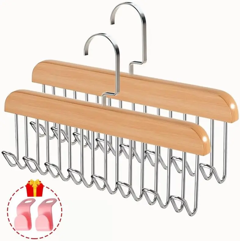 Belt Hanger 2 Pack  with 16 Hooks, Non-Slip Wooden Skid-Proof Belt Holder, Space-Saving Rotating Display Rack Belts