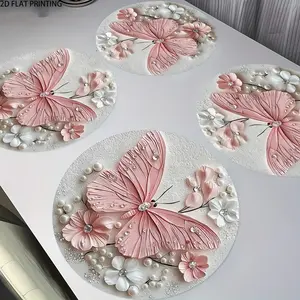 2D flat printing, 2-piece/4-piece/6-piece/8-piece set, pink butterfly flower placemat, Kitchen Decorative Placemat, heat-resistant and non slip placemat, holiday restaurant decoration, elegant kitchen and restaurant decorations, pearl texture design