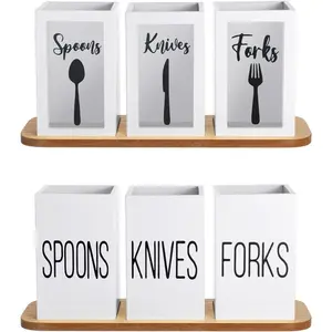 Acrylic Silverware Cutlery Holder Flatware Utensil Holder with Wood Tray Spoon Fork Flatware Dispenser for Table Countertop Silverware Organizer(White)